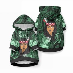 New Zealand Custom Women's Day Pet Hoodie Maori Girl Feathers of Hope - Green
