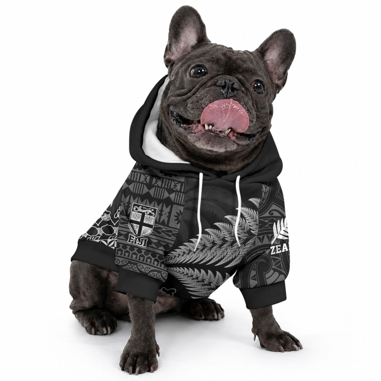 Custom Fiji New Zealand Maori Rugby Pet Hoodie Cibi Dance with Black Fern