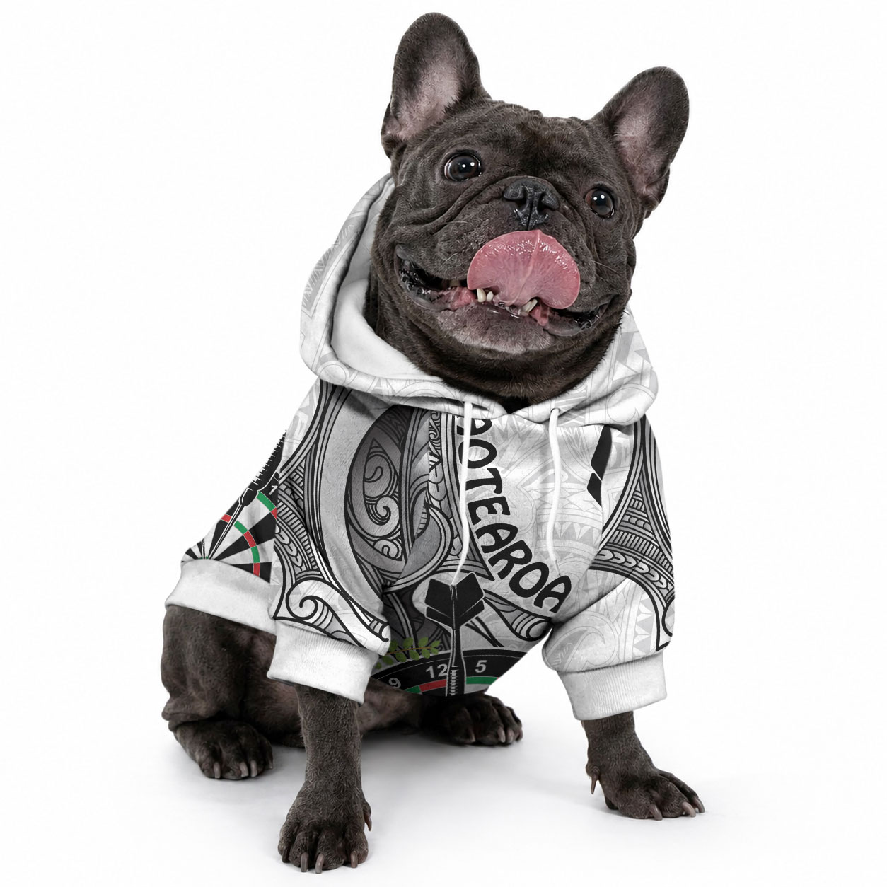 Personalised New Zealand Darts Pet Hoodie Kowhai Floral with Maori Tattoo