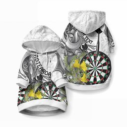 Personalised New Zealand Darts Pet Hoodie Kowhai Floral with Maori Tattoo