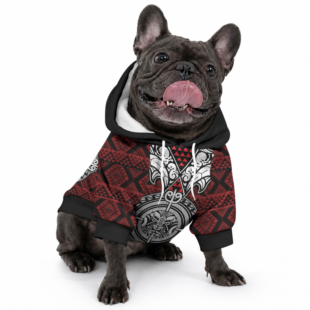 Red Aotearoa Taniko Motif Pet Hoodie Vintage Maori New Zealand Tribal Art Pattern