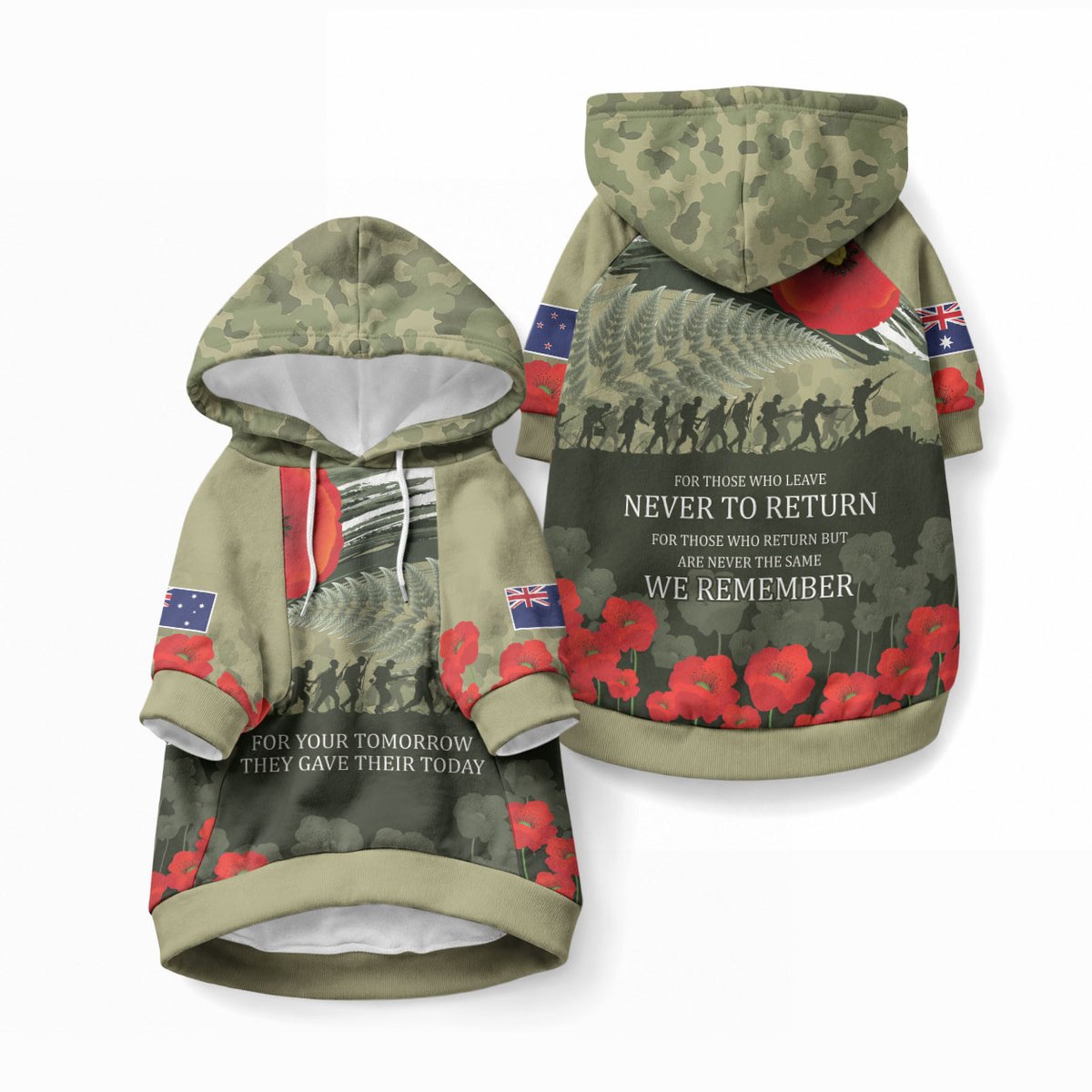 ANZAC Day We Remember Pet Hoodie Maori Silver Fern Camouflage Motif