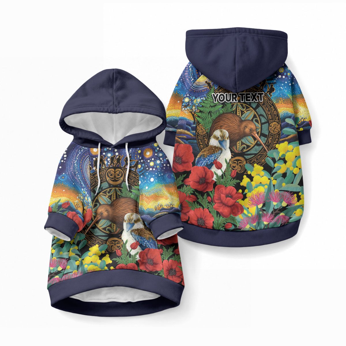 Kiwi-Kookaburra Bird ANZAC Personalised Pet Hoodie Aussie Golden Wattle Poppy Flowers