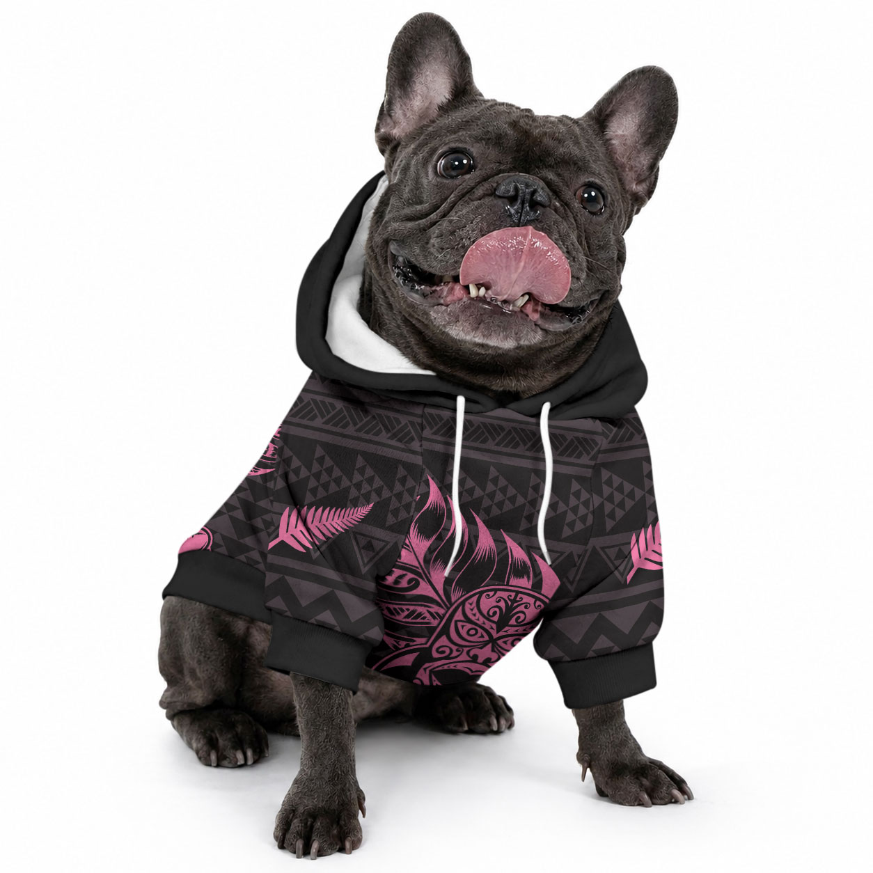 New Zealand Maori Rugby Warrior Custom Pet Hoodie Pink Fern Taniko Motif