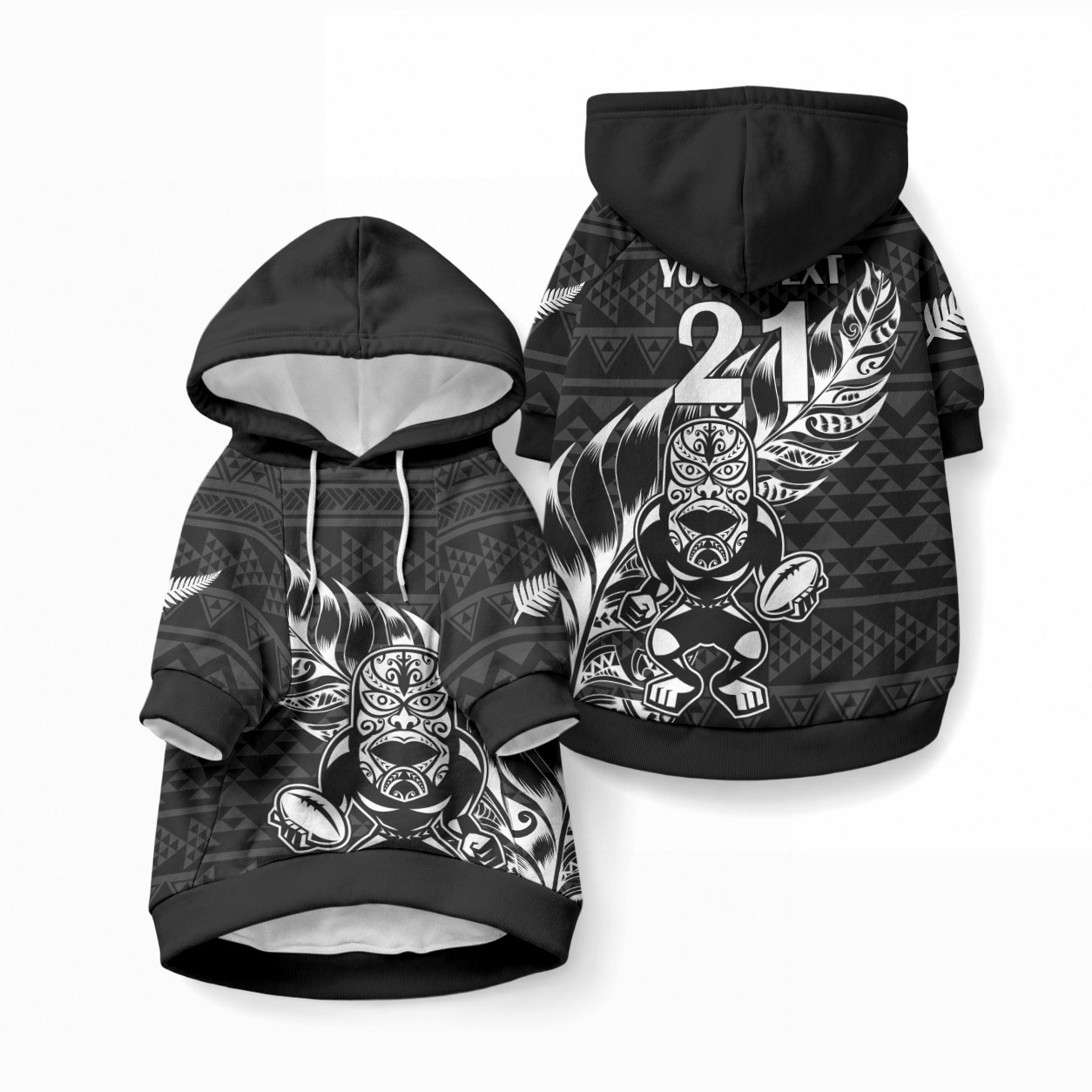 New Zealand Maori Rugby Warrior Custom Pet Hoodie Black Fern Taniko Motif
