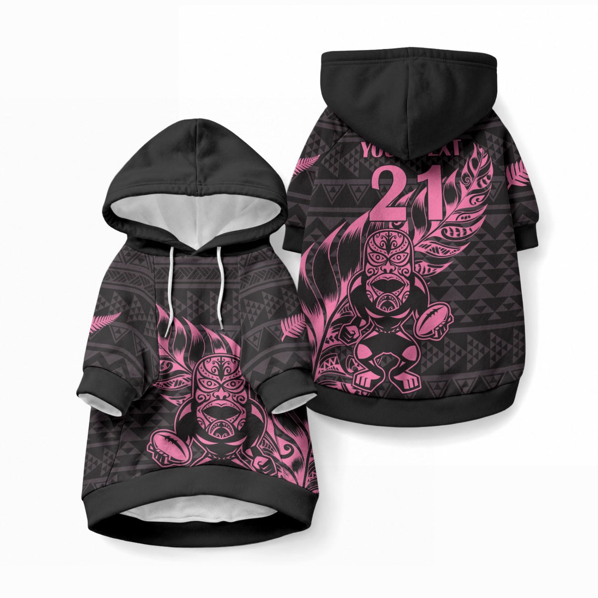 New Zealand Maori Rugby Warrior Custom Pet Hoodie Pink Fern Taniko Motif