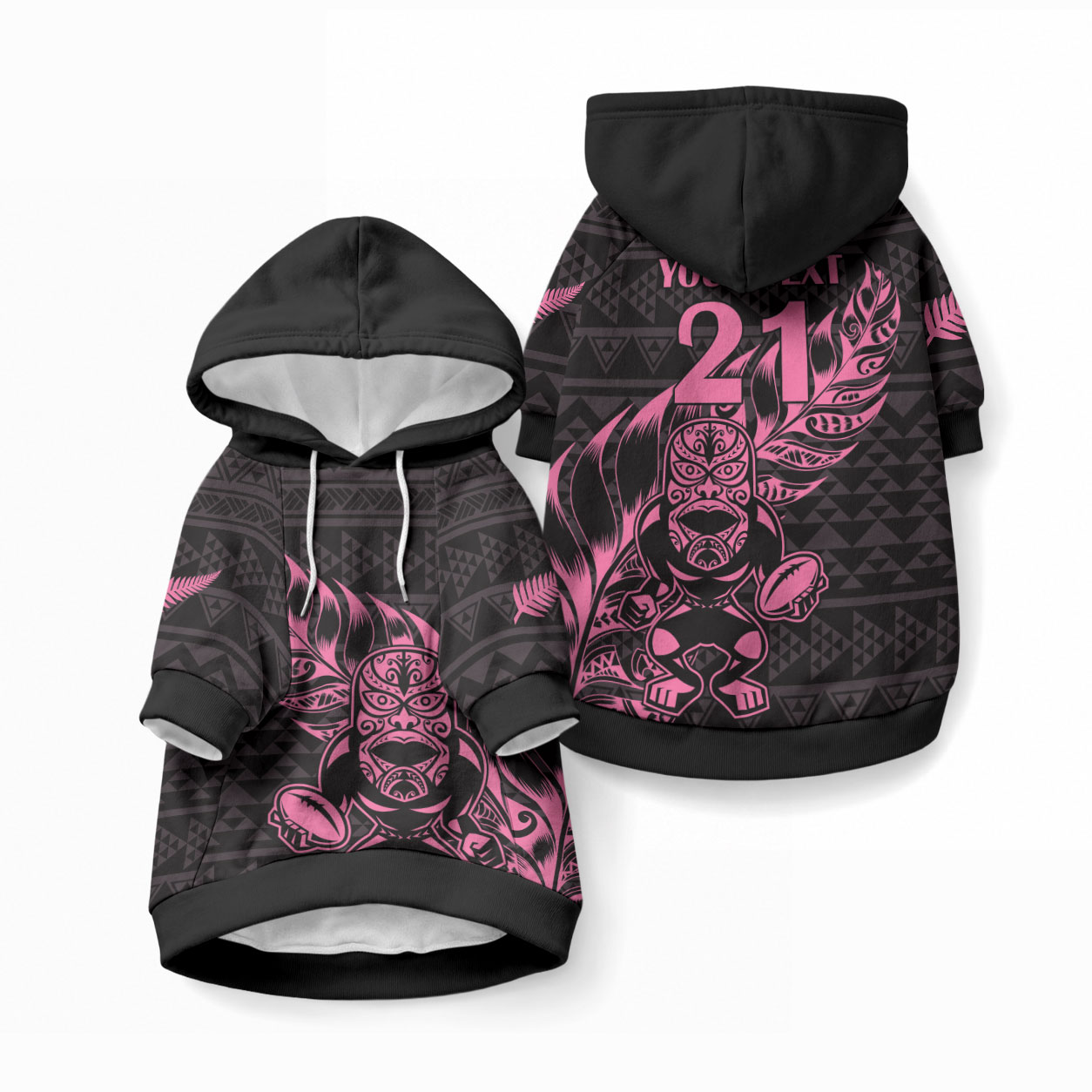 New Zealand Maori Rugby Warrior Custom Pet Hoodie Pink Fern Taniko Motif