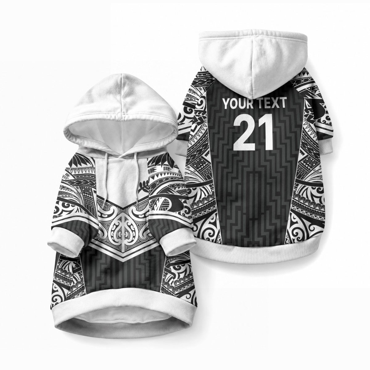 New Zealand Black Fern Custom Pet Hoodie Maori Tukutuku Black-white Motif