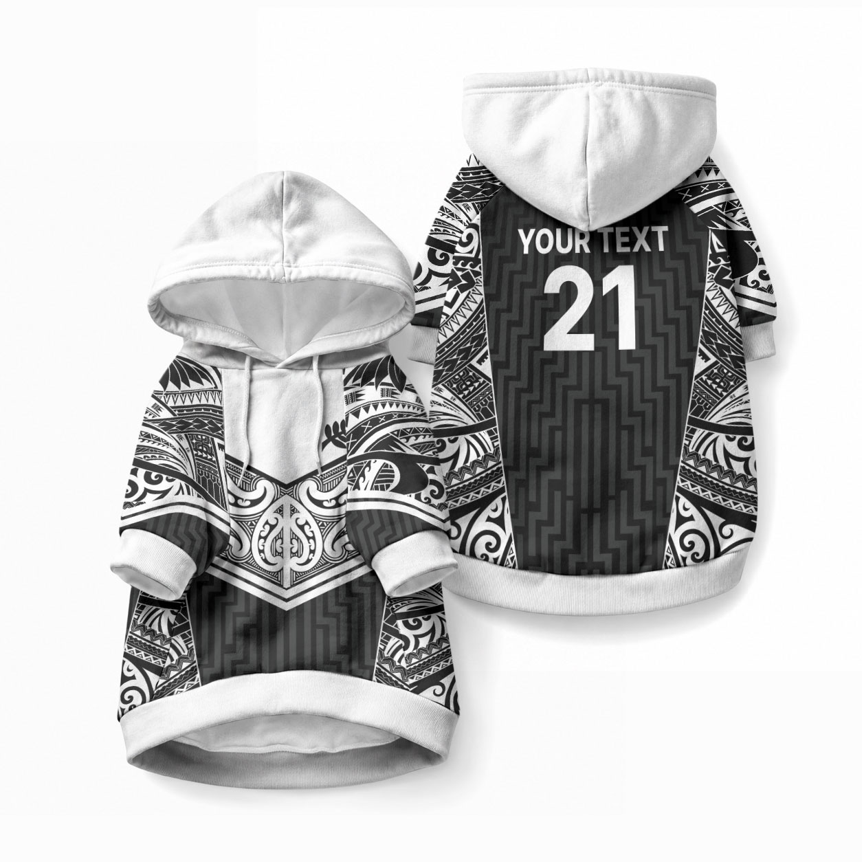 New Zealand Black Fern Custom Pet Hoodie Maori Tukutuku Black-white Motif