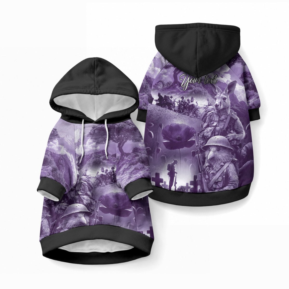 Purple ANZAC Personalised The Battle of Lone Pine Pet Hoodie Kiwi-Kangaroo Soldier Lest We Forget