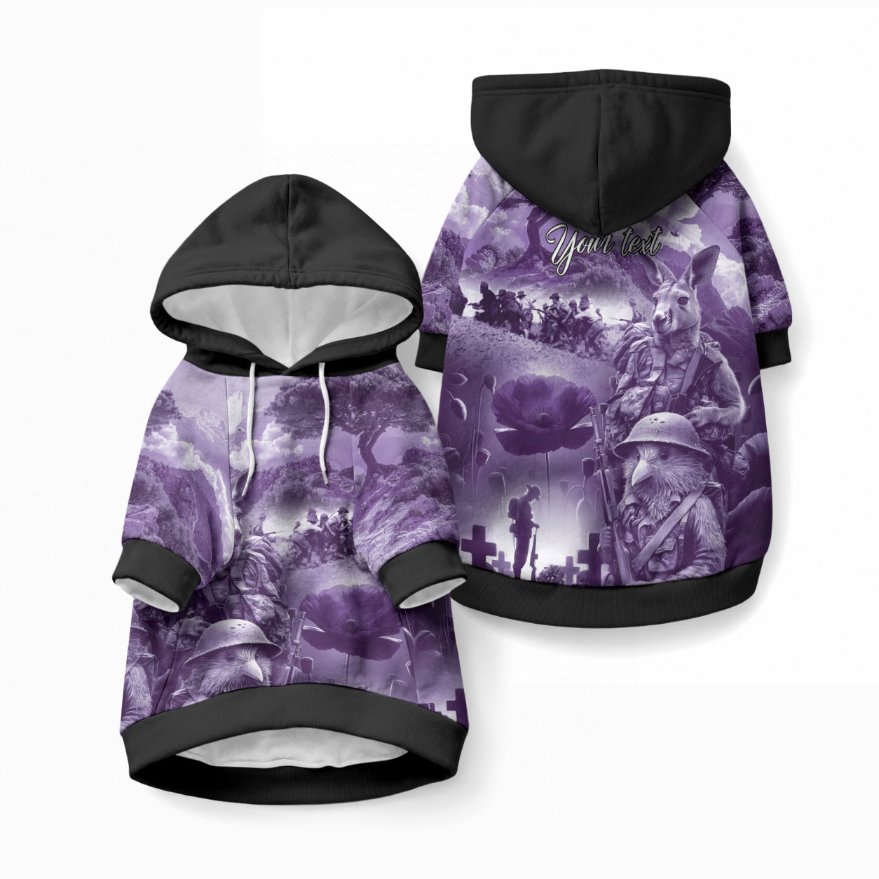Purple ANZAC Personalised The Battle of Lone Pine Pet Hoodie Kiwi-Kangaroo Soldier Lest We Forget