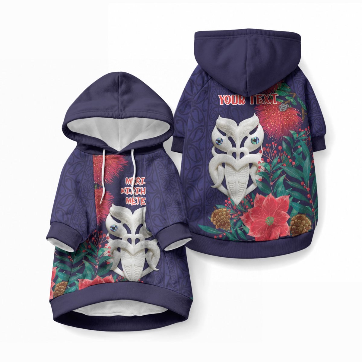 Maori Wheku Meri Kirihimete Personalised Pet Hoodie All Blue Indigenous Maori Motif