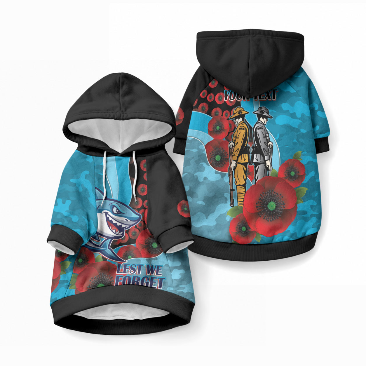 Cronulla-Sutherland Sharks ANZAC Personalised Pet Hoodie Lest We Forget Poppy Camo