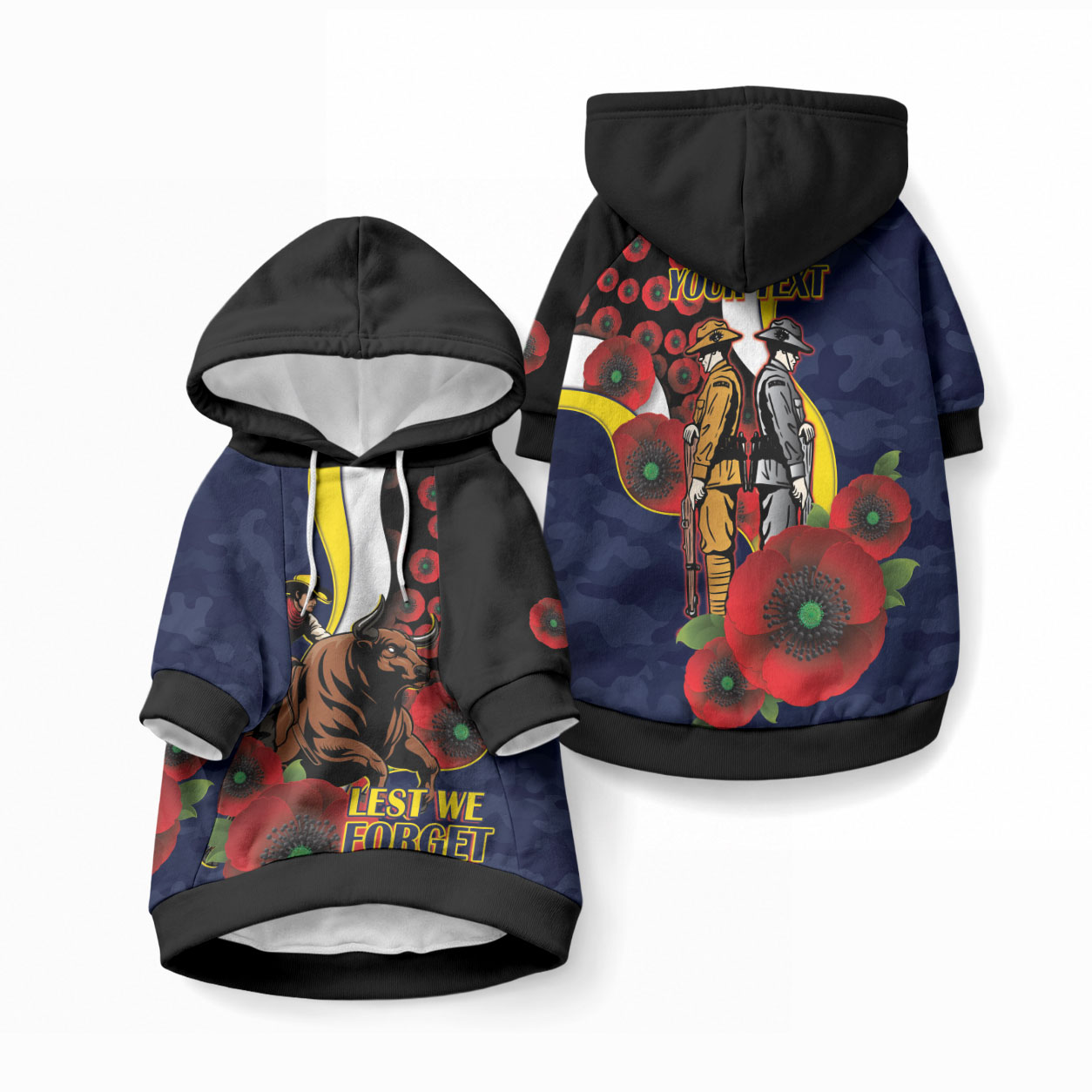 North Queensland Cowboys ANZAC Personalised Pet Hoodie Lest We Forget Poppy Camo
