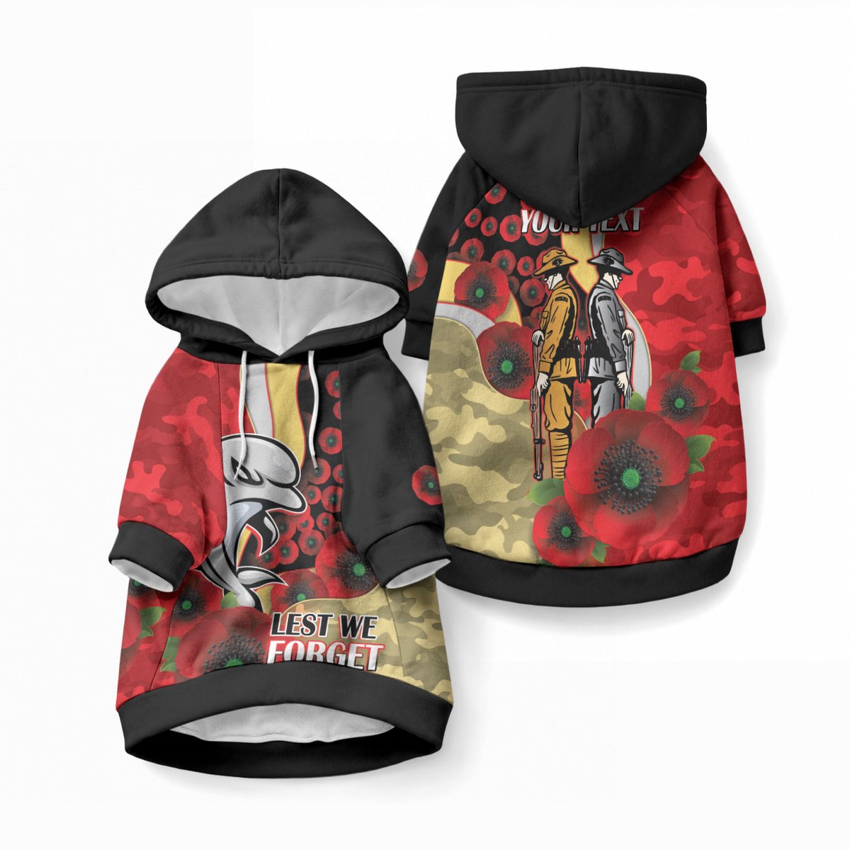 Redcliffe Dolphins ANZAC Personalised Pet Hoodie Lest We Forget Poppy Camo