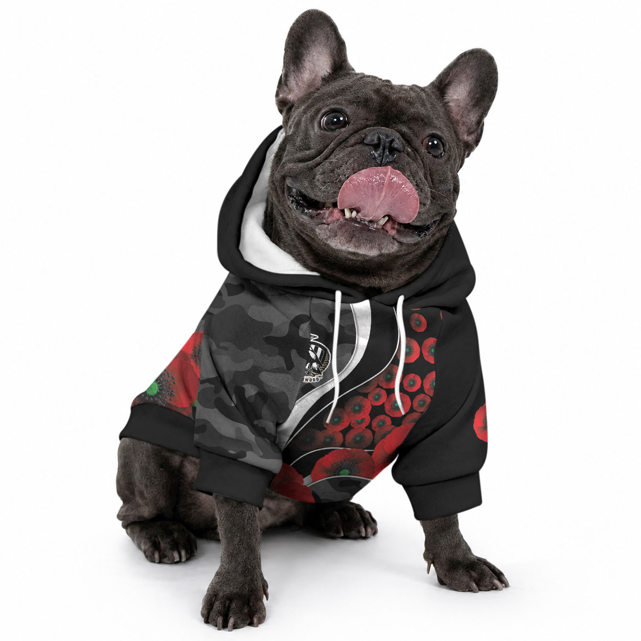 Collingwood Magpies ANZAC Personalised Pet Hoodie Lest We Forget Poppy Camo