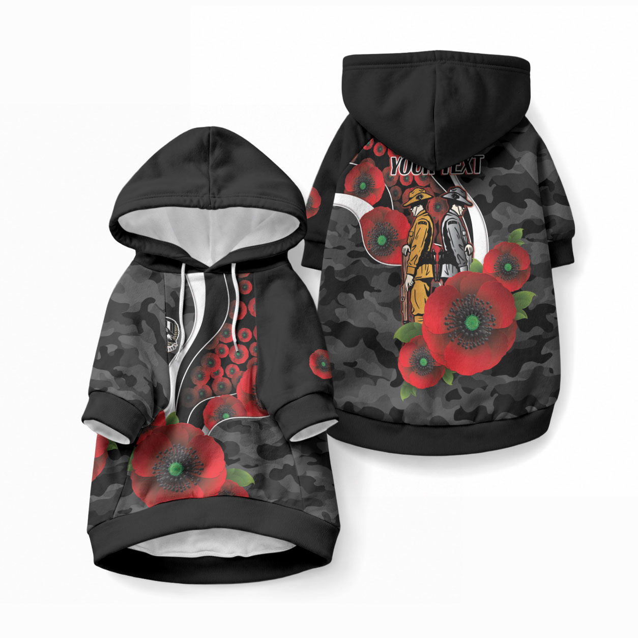 Collingwood Magpies ANZAC Personalised Pet Hoodie Lest We Forget Poppy Camo
