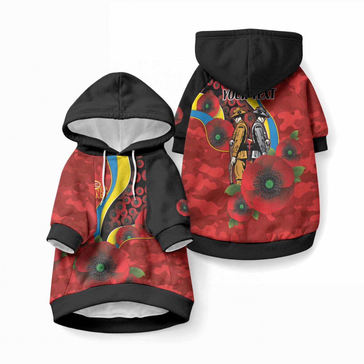 Gold Suns ANZAC Personalised Pet Hoodie Lest We Forget Poppy Camo