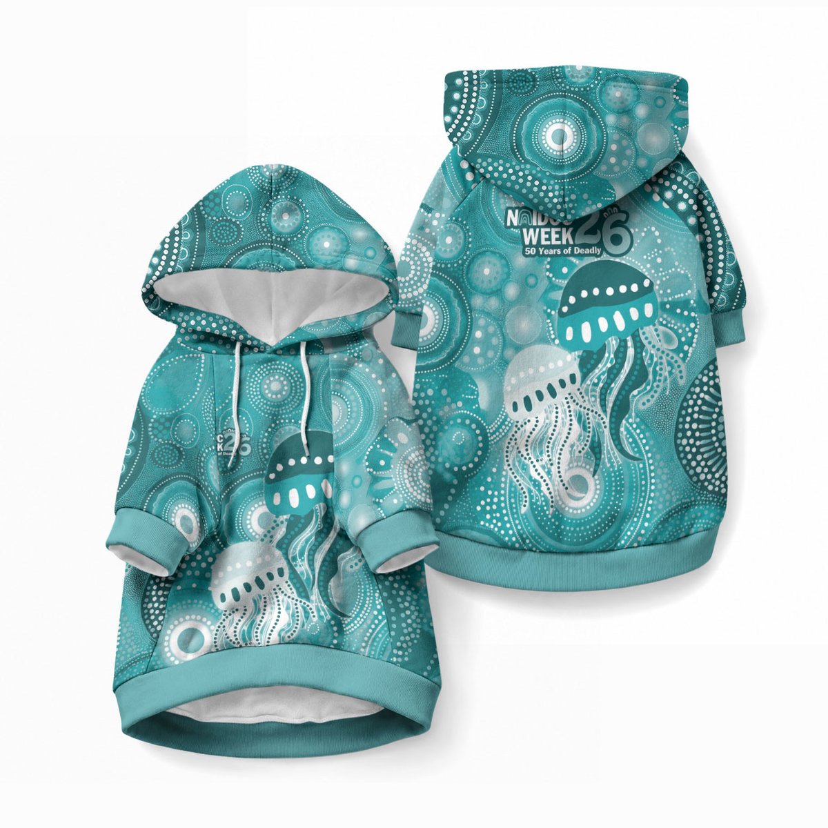 NAIDOC Deadly 50 Years Pet Hoodie Jellyfish Aboriginal Culture Inspired Turquoise