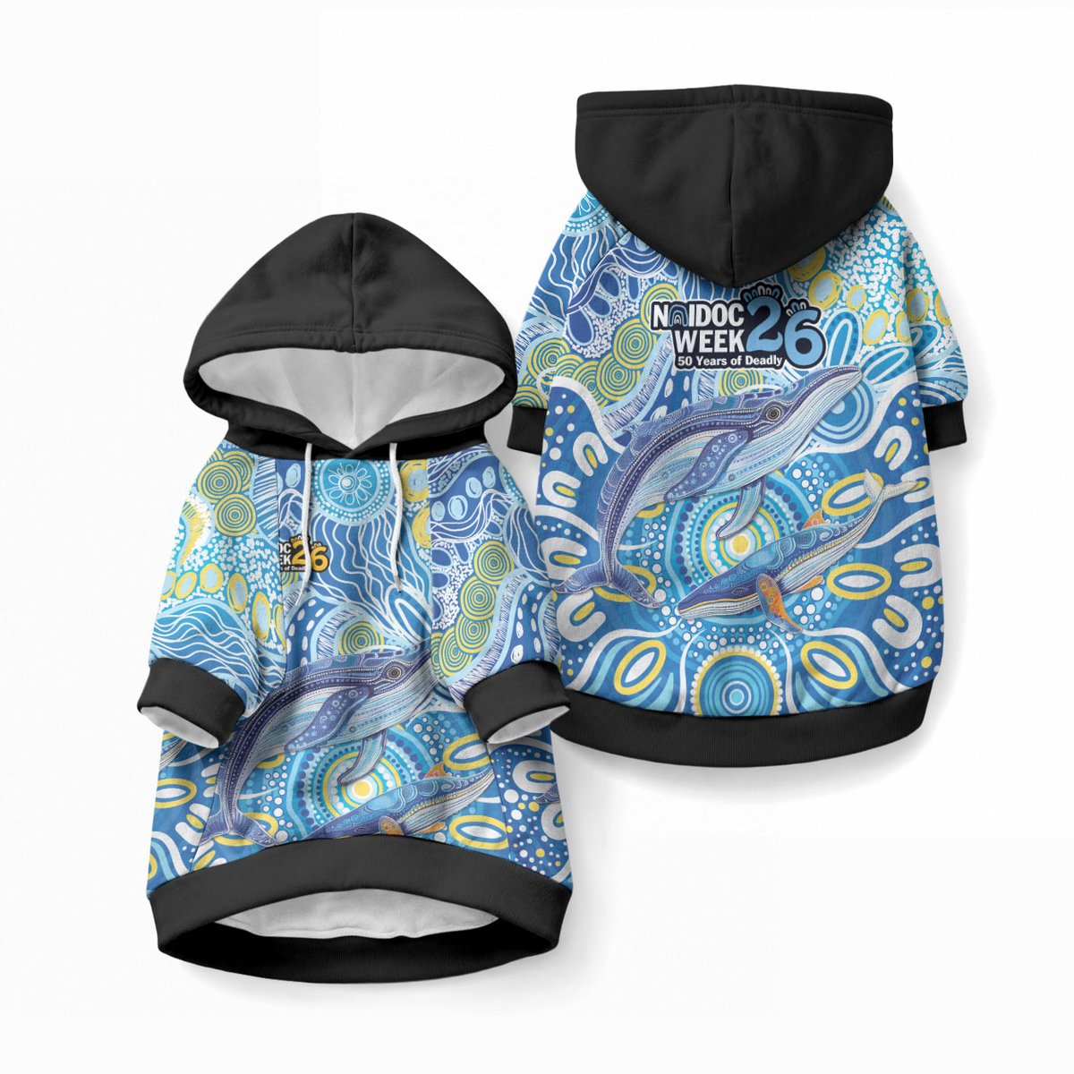 NAIDOC Week 2026 Pet Hoodie Dreaming of Whales Aboriginal Dot Art