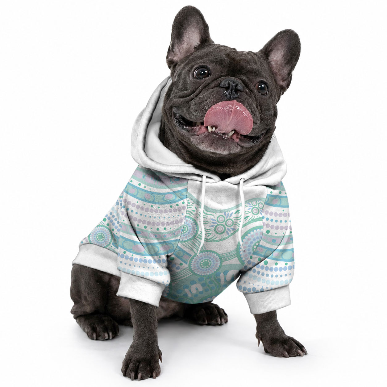 Australian Indigenous Aboriginal Art Pet Hoodie Vivid Pastel Teal Green