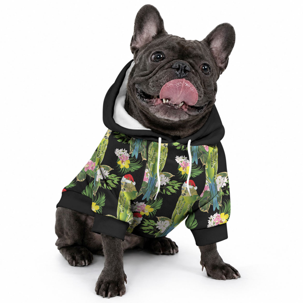 Aussie Santa Budgie Christmas Pet Hoodie Black Parakeet Tropical Floral