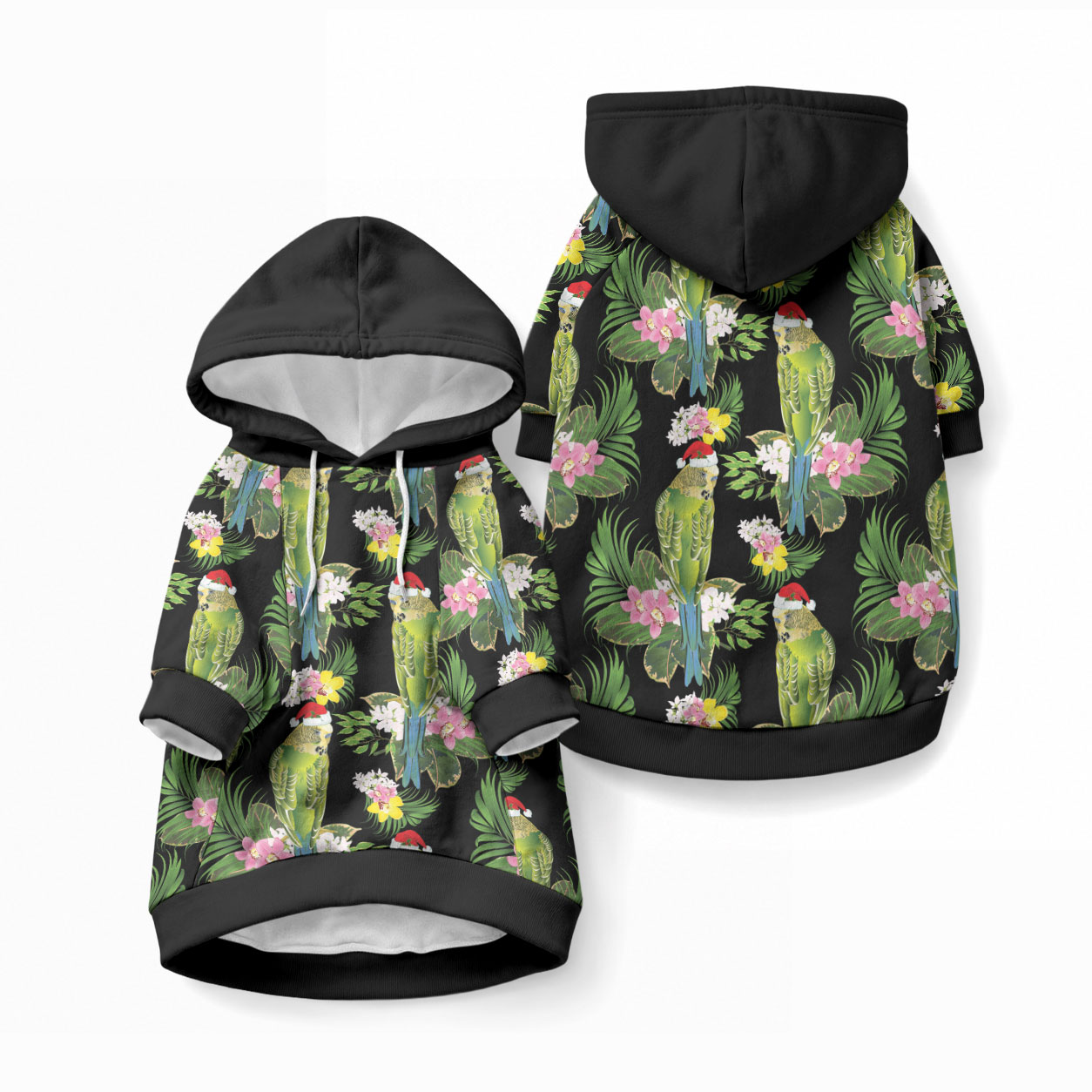 Aussie Santa Budgie Christmas Pet Hoodie Black Parakeet Tropical Floral