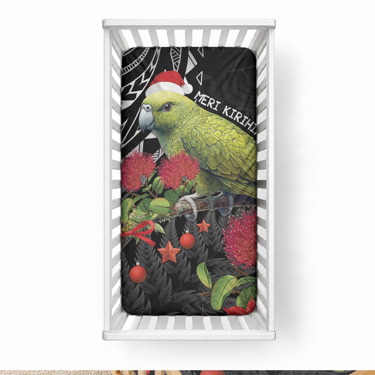 Meri Kirihimete Kakapo Baby Bed Cover Black Silver Fern Christmas Vibe