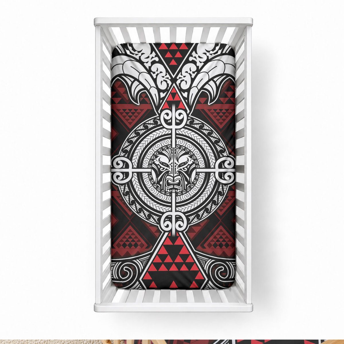 Red Aotearoa Taniko Motif Baby Bed Cover Vintage Maori New Zealand Tribal Art Pattern