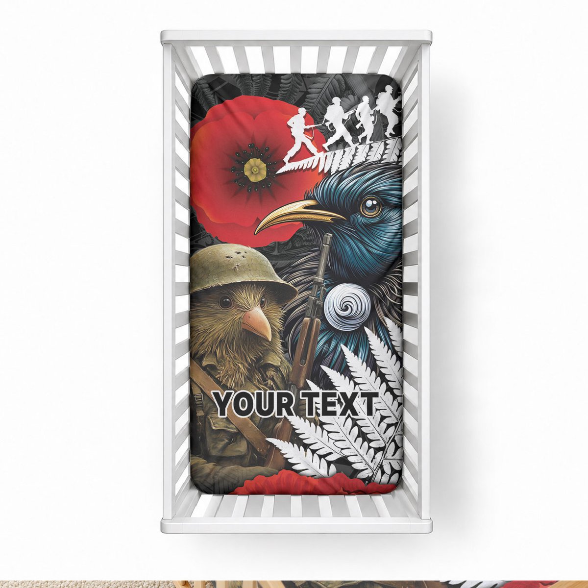 Kiwi-Tui Bird Soldier ANZAC Day Personalised Baby Bed Cover Maori Silver Fern Motif
