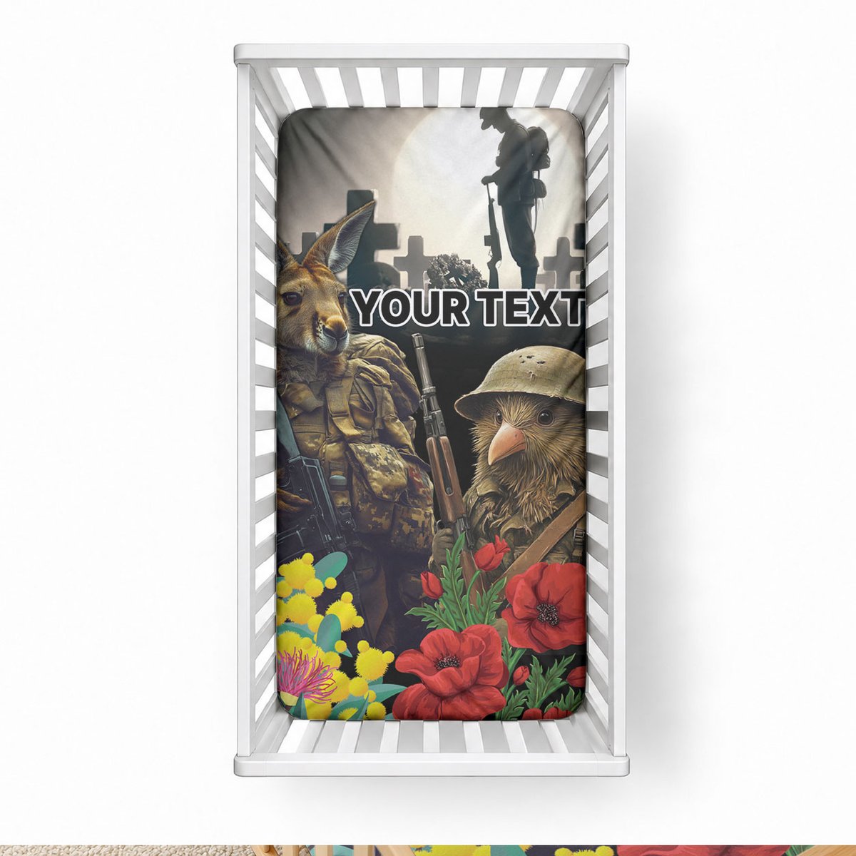Kangaroo-Kiwi Soldier ANZAC Personalised Baby Bed Cover Golden Wattle Poppy Flowers