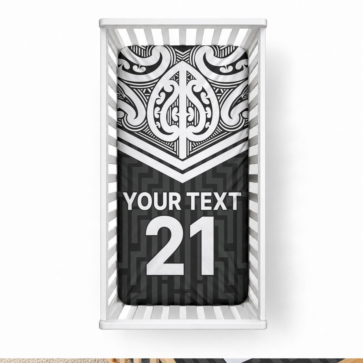 New Zealand Black Fern Custom Baby Bed Cover Maori Tukutuku Black-white Motif