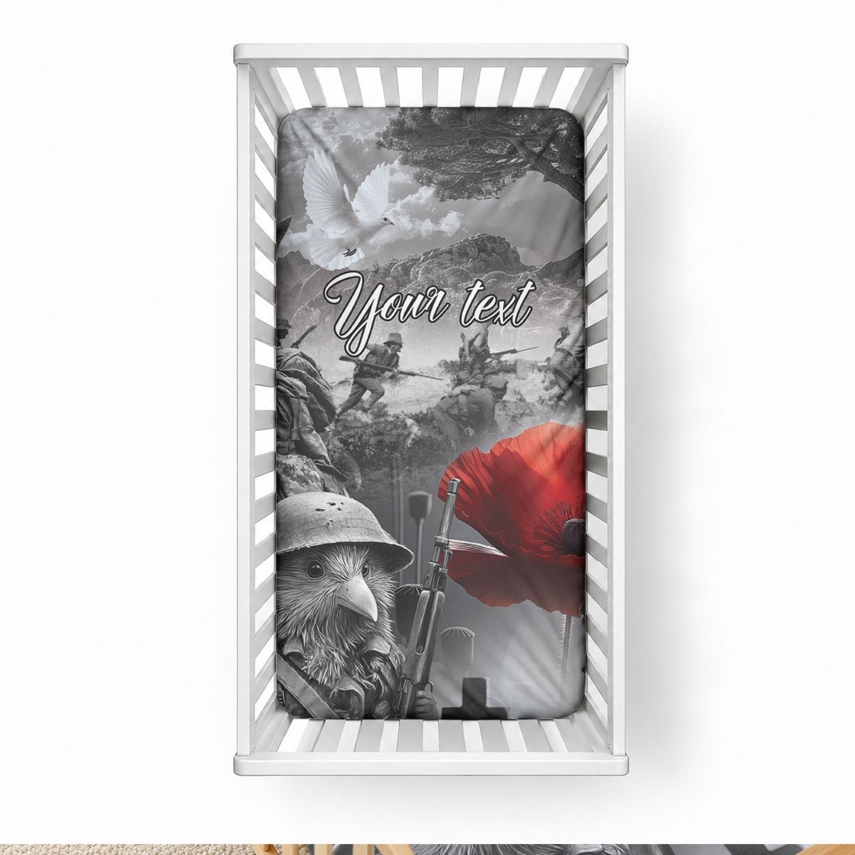 Black ANZAC Personalised The Battle of Lone Pine Baby Bed Cover Kiwi-Kangaroo Soldier Lest We Forget