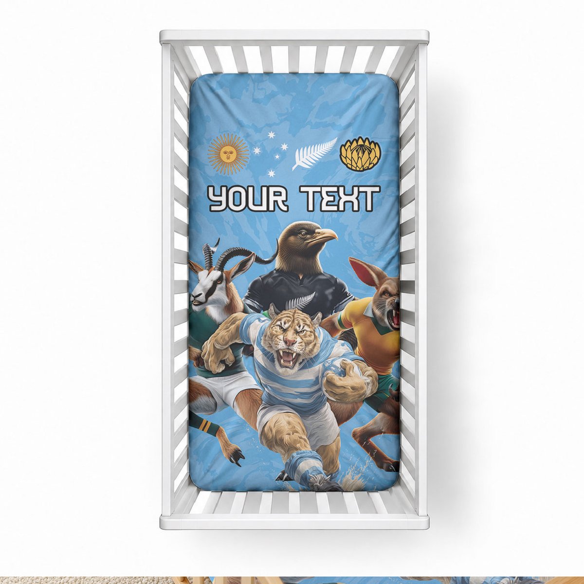 Custom Rugby Southern Hemisphere Baby Bed Cover Argentina AUNZ South Africa Mascot Blue