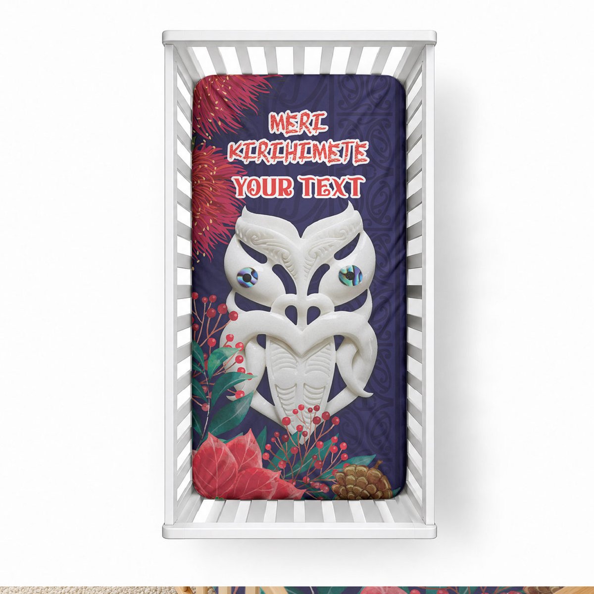 Maori Wheku Meri Kirihimete Personalised Baby Bed Cover All Blue Indigenous Maori Motif