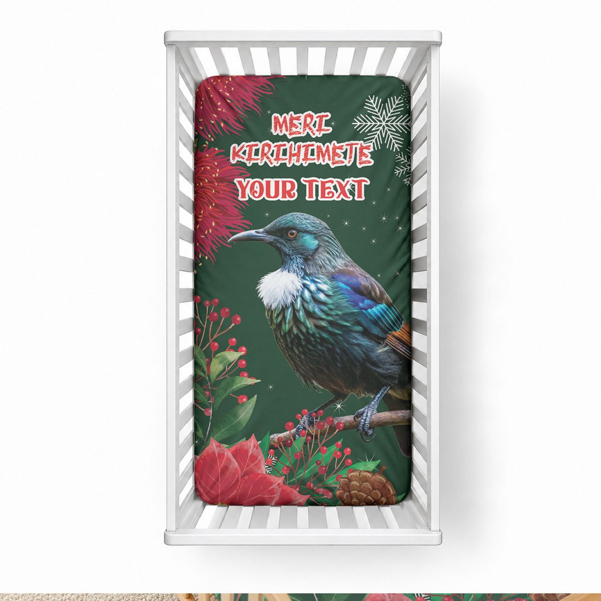 Tui Meri Kirihimete Personalised Baby Bed Cover Pohutukawa Flowers Green Motif
