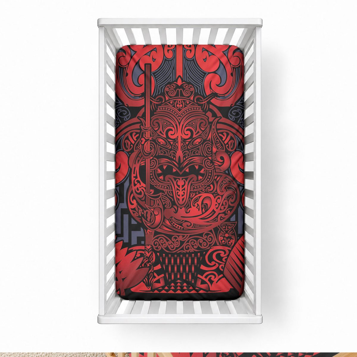 New Zealand Taiaha Maori Baby Bed Cover Whero Minimalist Silver Fern Tukutuku Motif