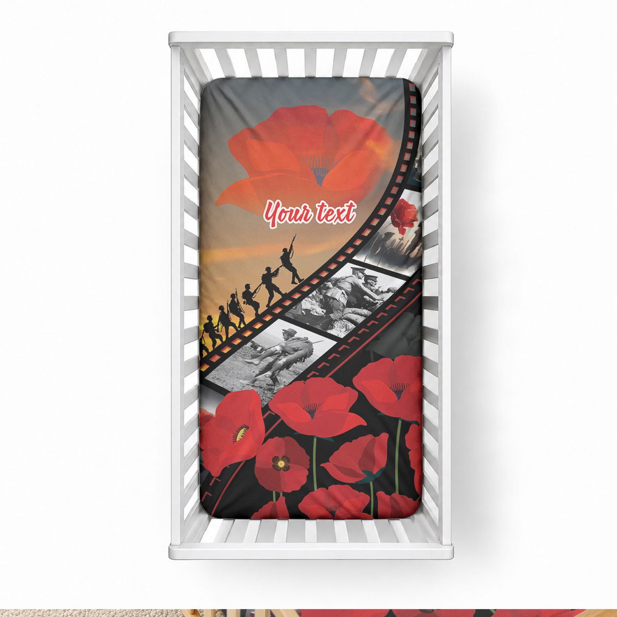 Personalised Remembering ANZAC Lest We Forget Baby Bed Cover Vintage Film Frame Memorial Red Poppy