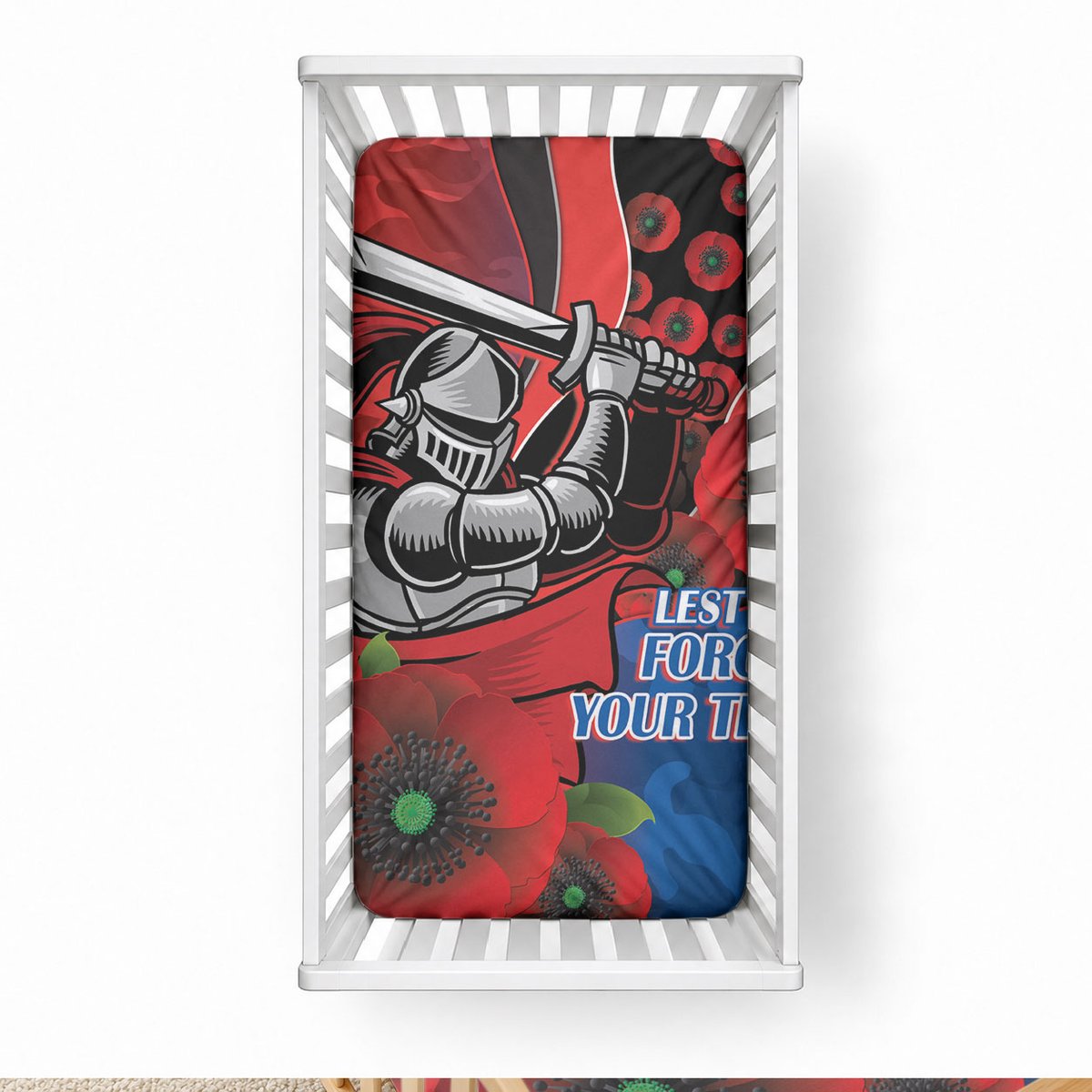 Newcastle Knights ANZAC Personalised Baby Bed Cover Lest We Forget Poppy Camo
