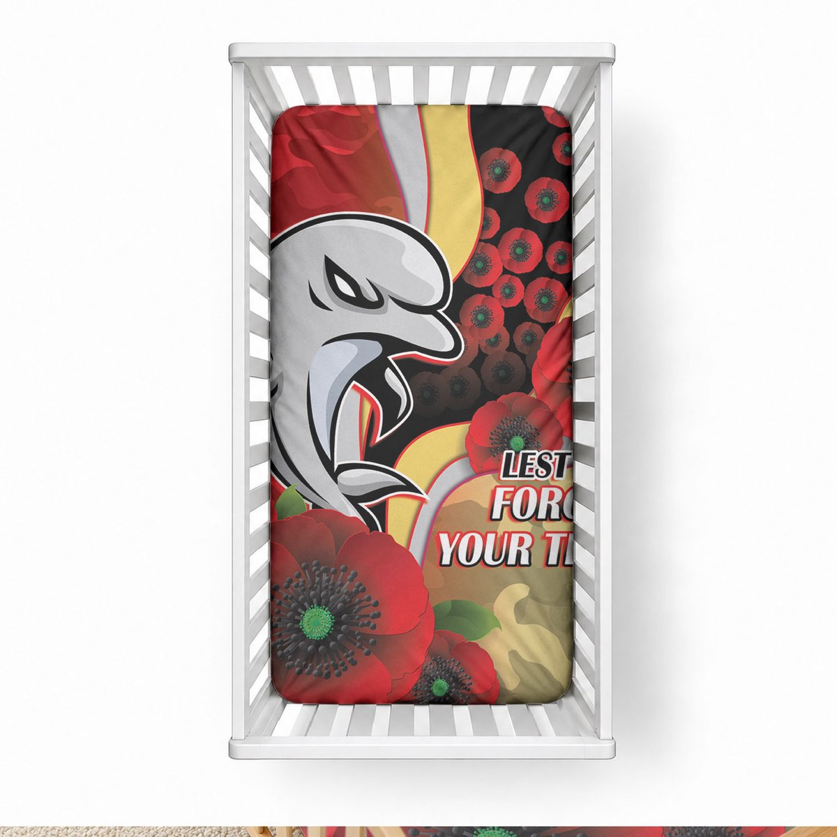 Redcliffe Dolphins ANZAC Personalised Baby Bed Cover Lest We Forget Poppy Camo