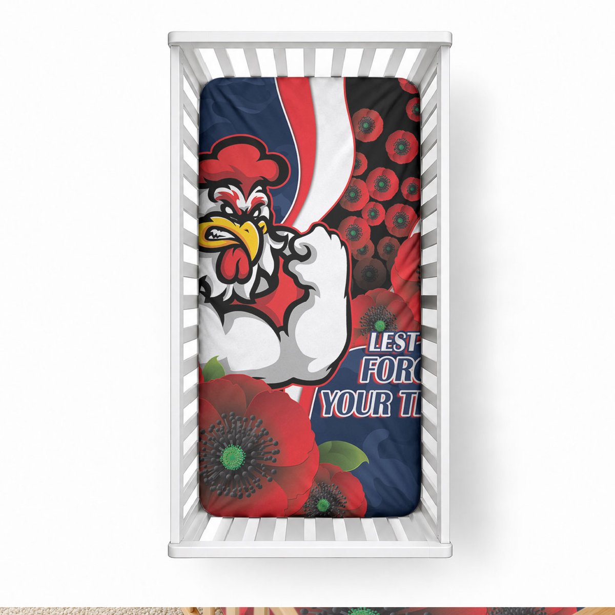 Sydney Roosters ANZAC Personalised Baby Bed Cover Lest We Forget Poppy Camo