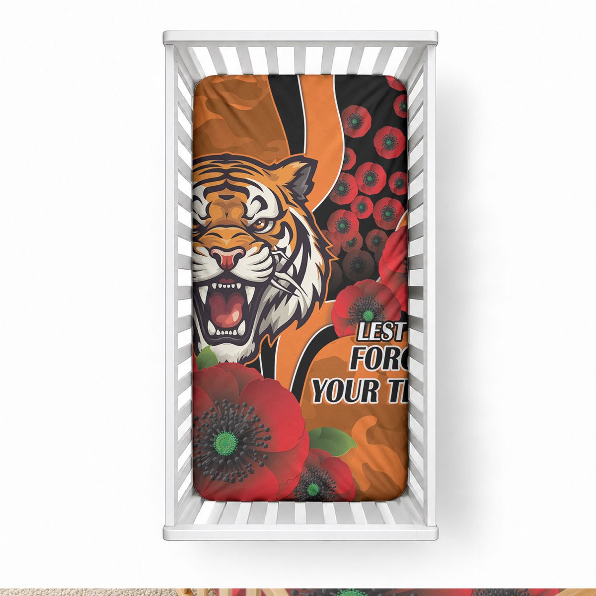 Wests Tigers ANZAC Personalised Baby Bed Cover Lest We Forget Poppy Camo