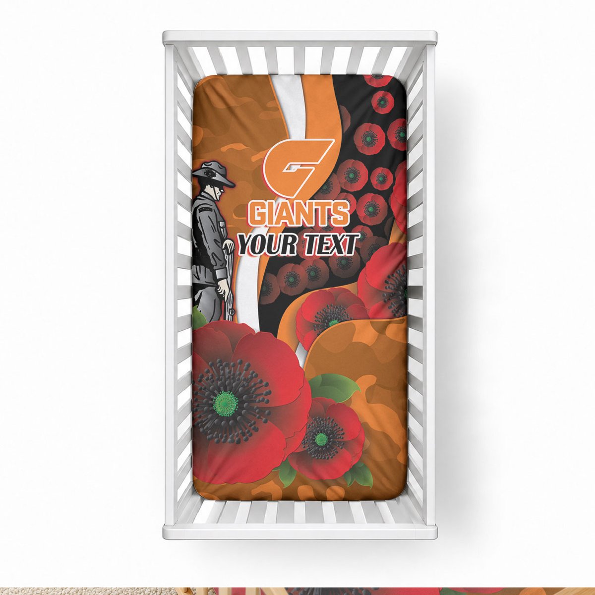 Greater Giants ANZAC Personalised Baby Bed Cover Lest We Forget Poppy Camo