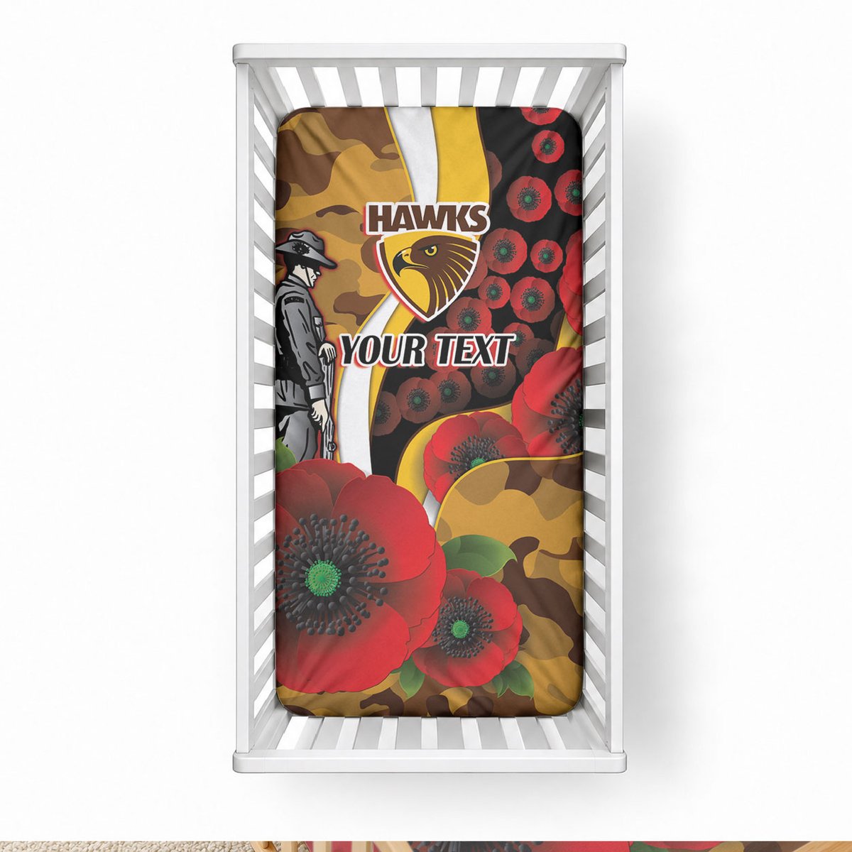 Hawthorn Hawks ANZAC Personalised Baby Bed Cover Lest We Forget Poppy Camo