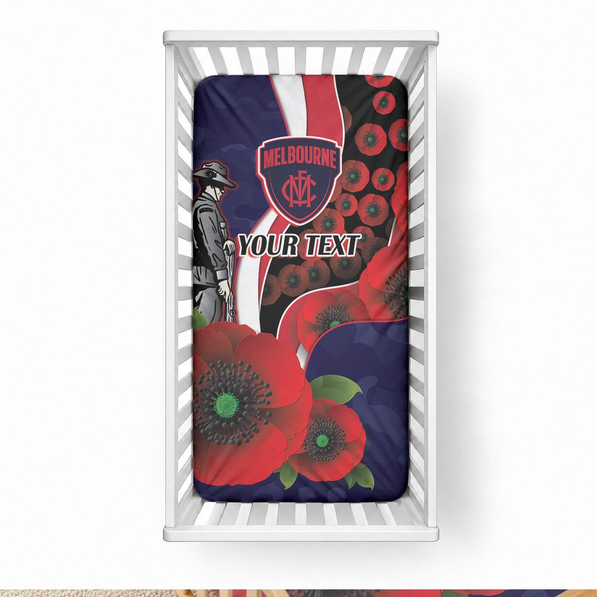 Melbourne Demons ANZAC Personalised Baby Bed Cover Lest We Forget Poppy Camo