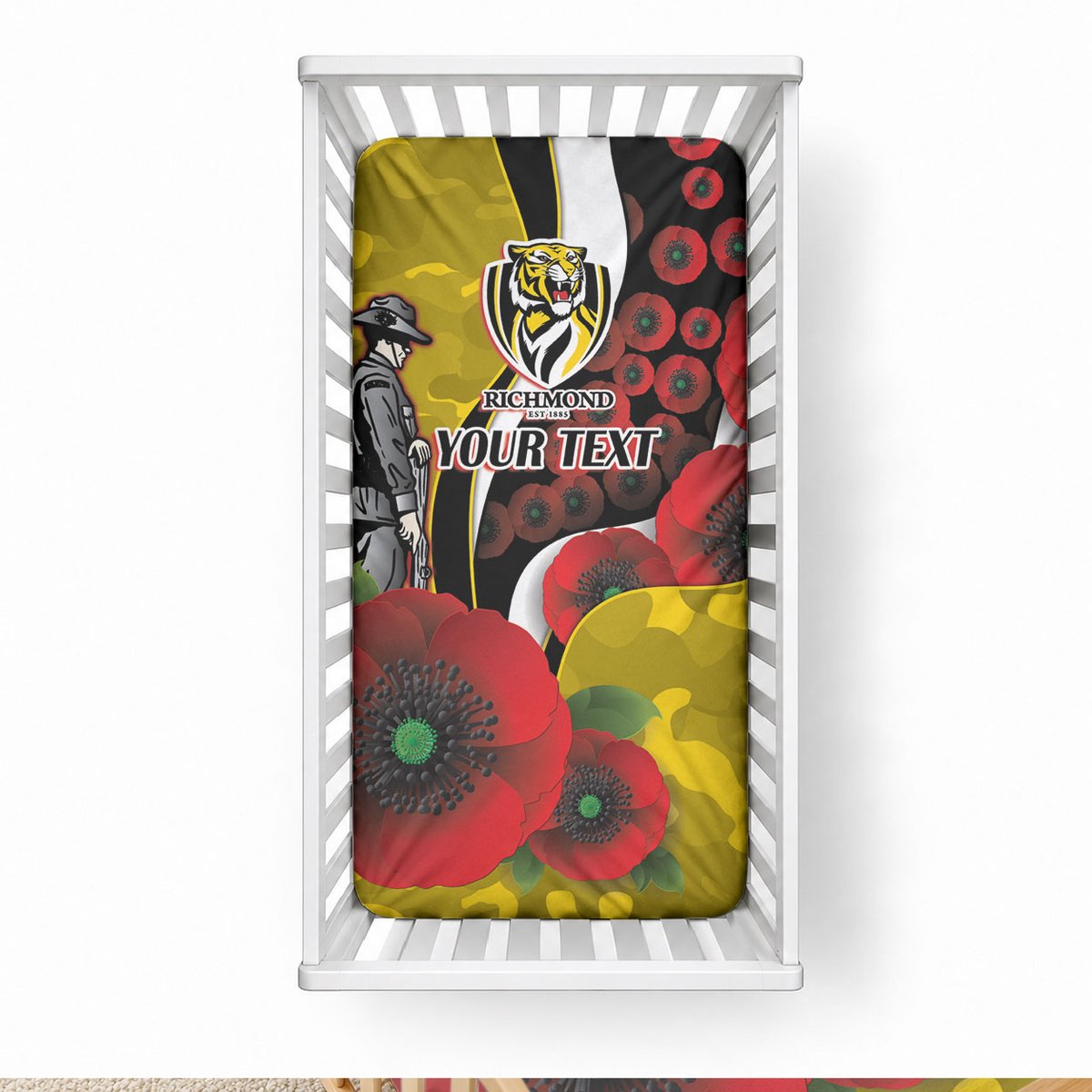 Richmond Tigers ANZAC Personalised Baby Bed Cover Lest We Forget Poppy Camo