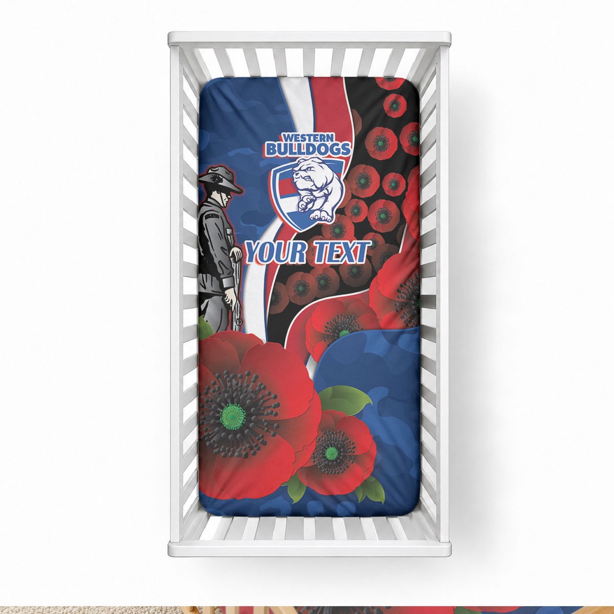 Western Bulldogs ANZAC Personalised Baby Bed Cover Lest We Forget Poppy Camo