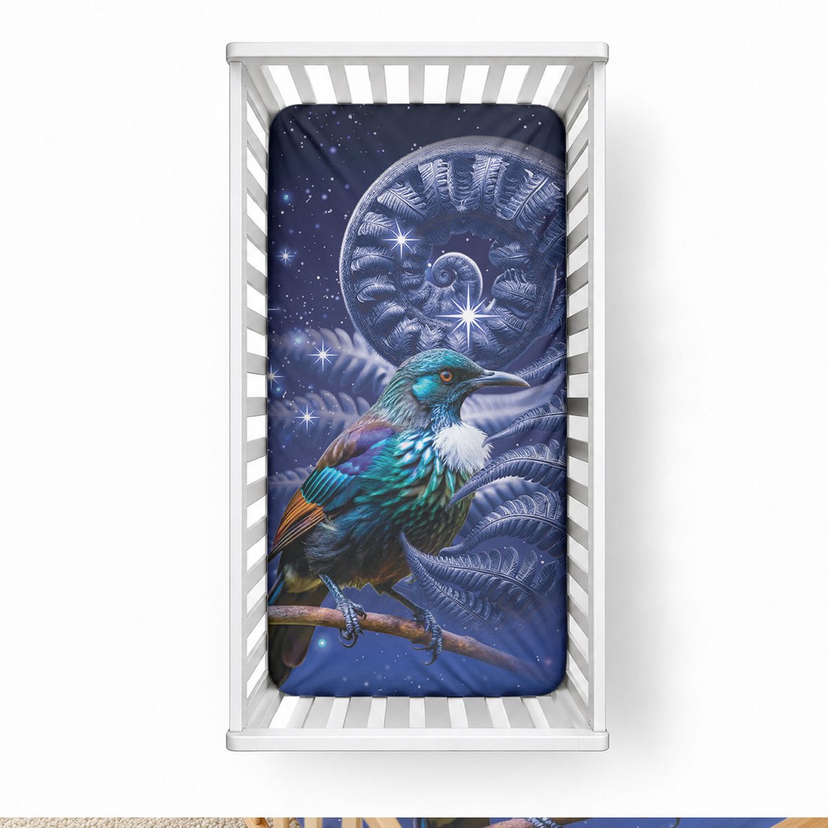 Tui Bird Matariki Galaxy Baby Bed Cover Koru Silver Fern Aotearoa