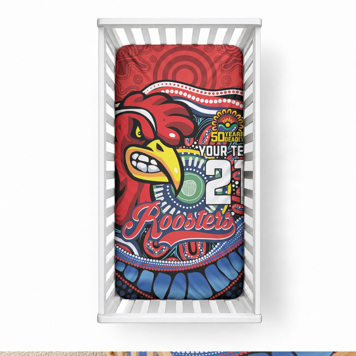 Custom Roosters Honouring First Nations Baby Bed Cover NAIDOC 2026 Deadly 50 Years