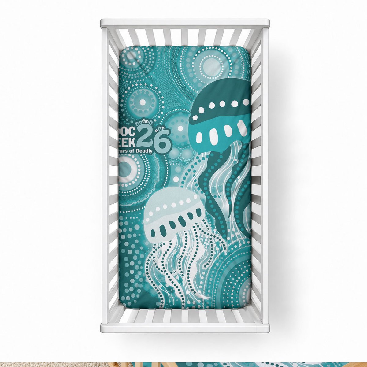 NAIDOC Deadly 50 Years Baby Bed Cover Jellyfish Aboriginal Culture Inspired Turquoise